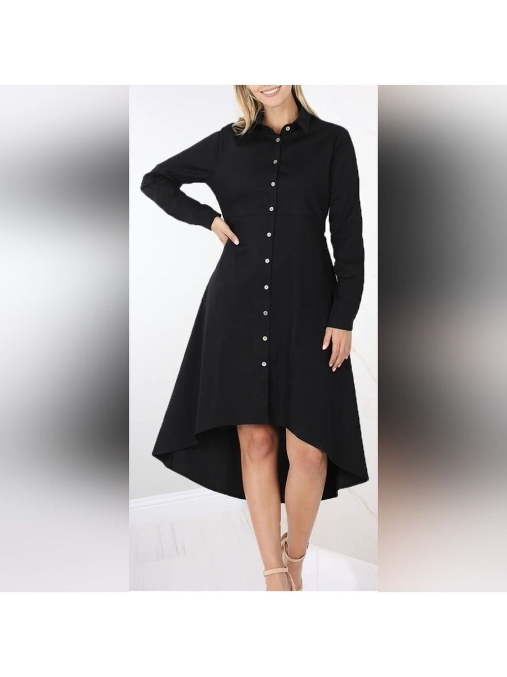 Zenana | Hi-Low Dress with Long Sleeve | Black - Picture 2 of 3